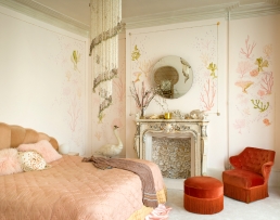 In 1895 the Shell Grotto was discovered underground in Margate, this ornate and mysterious vast shell mosaic inspired Whinnie to create this room, she painted the ceiling pearlescent and hand painted the murals. The plaster cast fireplace was found on eBay for £20 and she began to stick on shells. ‘Tom wouldn’t help, he said: “this is your madness”. The shell room has been the hardest because it is so intricate, but that makes me love the space, knowing that no-one else has got it.’